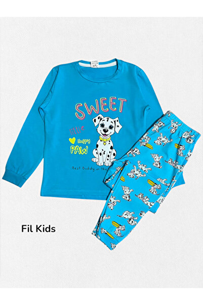 elmas kids Erkek Çocuk %100 Pamuklu Penye Kumaş Mavi Dalmaçyalı Köpek Desen Uzun Kollu Mevsimlik Pijama Takımı