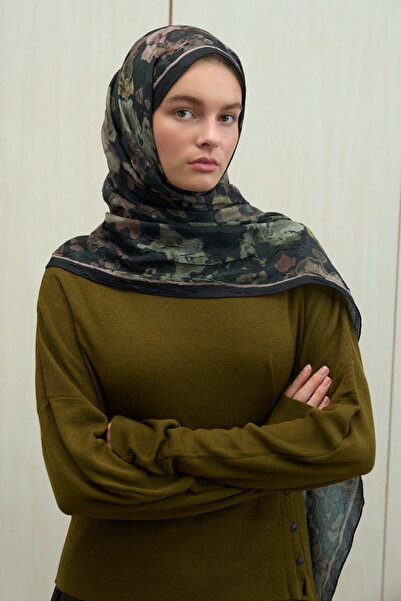 cs camellia scarf Pretty Kraş Shawl - Green-Black