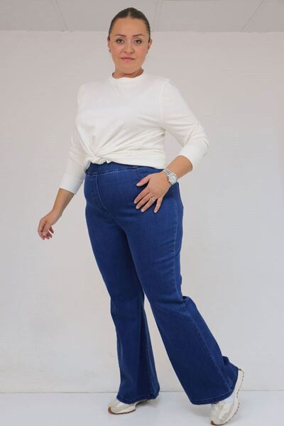 Eslina 9137-19 Plus Size Elastic Waist Flared Jeans - Blue