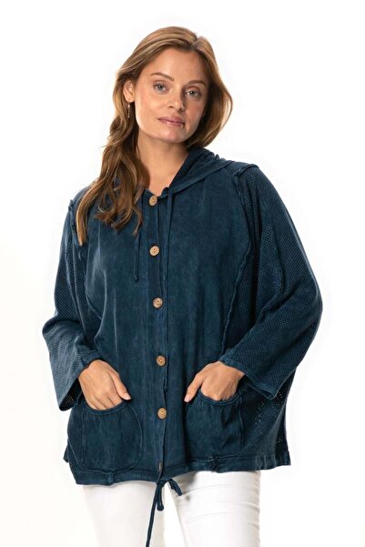 Eliş Şile Bezi Long Sleeve Ceren Mesh Button Detailed Double Pocket Winter Hooded Knitwear Blouse Navy Blue Lcvt