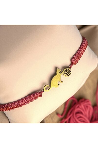 MODA El Yapımı Minimal Örme Kedili Kadın Bileklik Çelik Detaylı Kırmızı İp Ta...