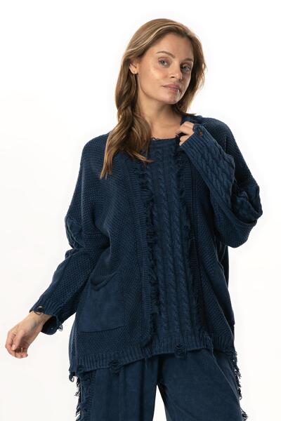 Eliş Şile Bezi Long Sleeve Aylin Knit Detailed Crew Neck Autumn and Winter Knitwear Blouse Navy Blue Lcvt