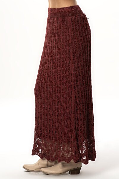 Eliş Şile Bezi Elastic Waist Elvan Autumn and Winter Long Knitted Sweater Skirt Burgundy Brd