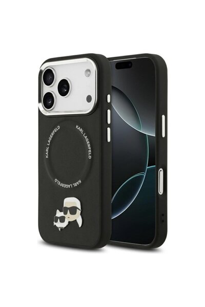 Karl Lagerfeld Leather K&C Pins MagSafe Case for iPhone 17 Pro Max, Black