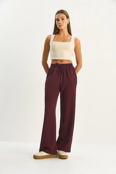 Bianco Lucci Women's High Waist Elastic Lace-Up Flowy Wide Leg Pants 1006 60283579