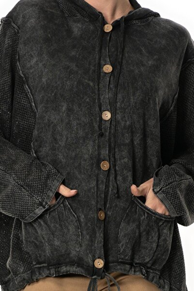 Eliş Şile Bezi Long Sleeve Ceren Mesh Button Detailed Double Pocket Winter Hooded Knitwear Blouse Smoked Fm