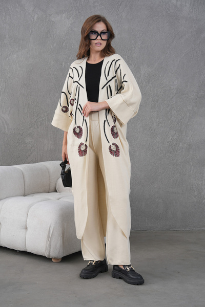 Miss Allos Women's Front Beaded Wide-Fit Knitwear Cardigan and Pants Bottom-Top Set