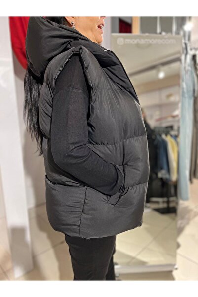 MONAMORE Black Long Length Thick Padded Inflatable Vest with Hood