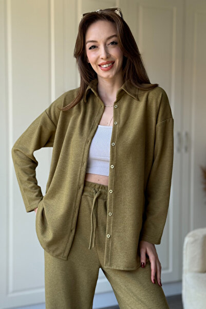 Dilay Gökoğlu Butik Buttoned Long Sleeve Thessaloniki Fabric Green Shirt Suit