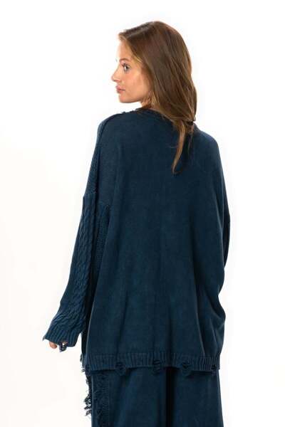 Eliş Şile Bezi Long Sleeve Aylin Knit Detailed Crew Neck Autumn and Winter Knitwear Blouse Navy Blue Lcvt