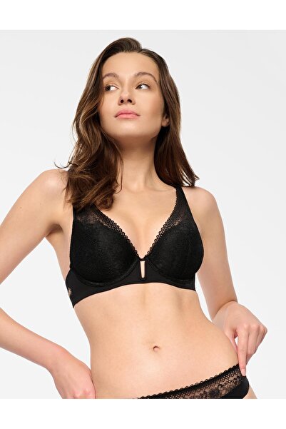 ESOTIQ Sutien triunghiular push-up cu armătură, dantelă florală și decupaj fr...