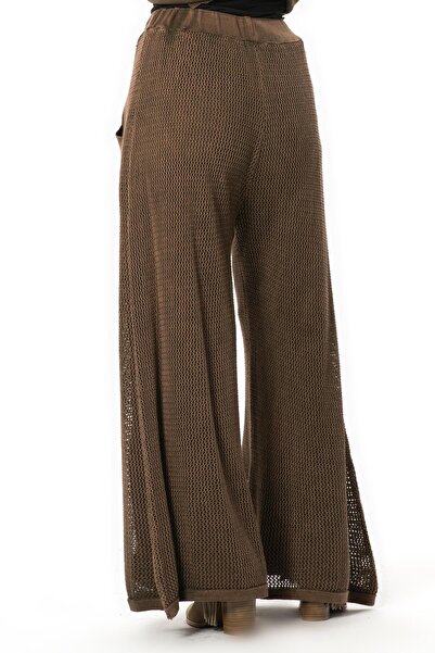 Eliş Şile Bezi Long Autumn and Winter Knitwear Trousers with Pockets, Wide Legs, Elastic Waist, and Detailing, Brown Khv