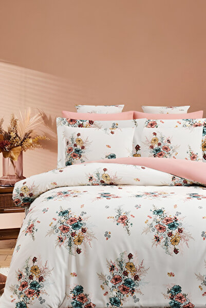 İQON Lastikli Çarşaflı Nevresim Takımı Çift Kişilik Bouquet Somon