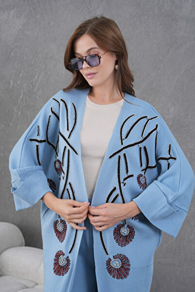 Miss Allos Women's Front Beaded Wide-Fit Knitwear Cardigan and Pants Bottom-Top Set