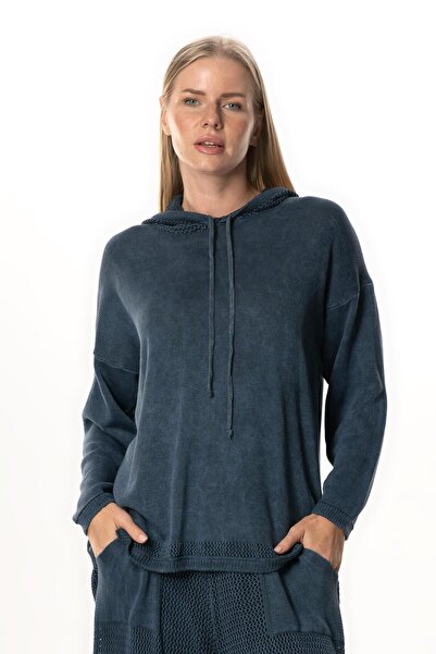 Eliş Şile Bezi Long Sleeve Hooded Mesh Autumn and Winter Knitwear Blouse Indigo Indg