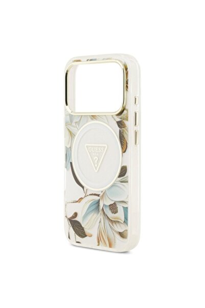 Guess Original IML Metal Glitter Flowers Triangle MagSafe iPhone 17 Pro Max Case, white