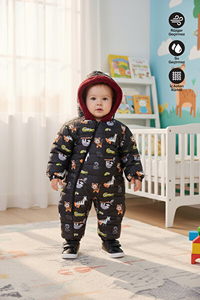 Merdia Bebek İçi Kürklü Kapüşonlu Kışlık Kozmonot Tulum Mont (Su ve Rüzgar Geçirmez) Hayvan Baskılı