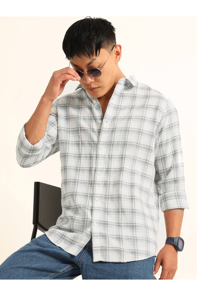 Bushirt By Styli Men White Checked Spread Collar Shirt