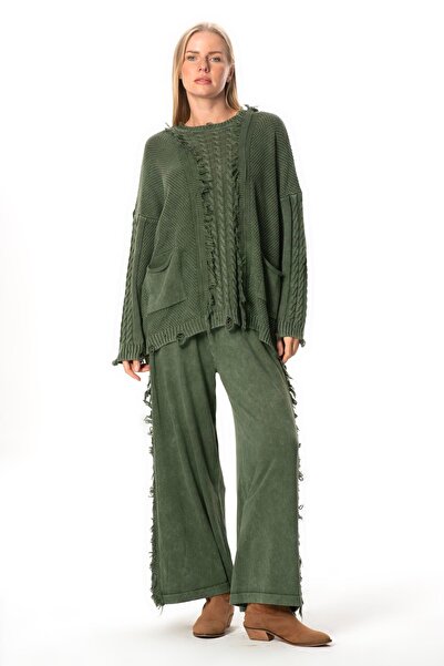 Eliş Şile Bezi Elastic Waist Aylin Autumn and Winter Long Pocket Knitwear Pants Khaki Hk