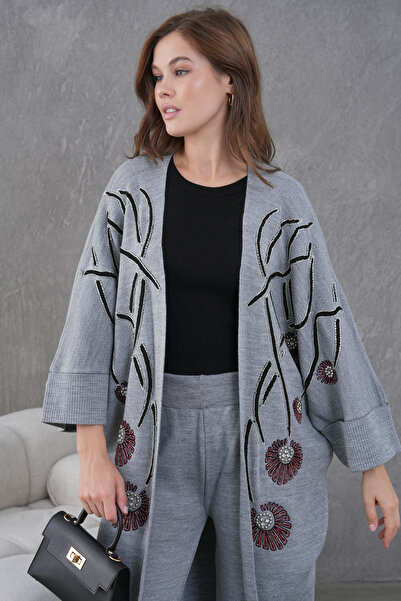 Miss Allos Women's Front Beaded Wide-Fit Knitwear Cardigan and Pants Bottom-Top Set