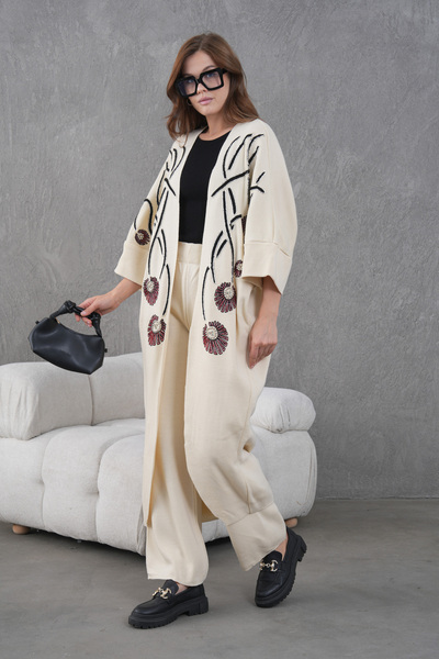 Miss Allos Women's Front Beaded Wide-Fit Knitwear Cardigan and Pants Bottom-Top Set