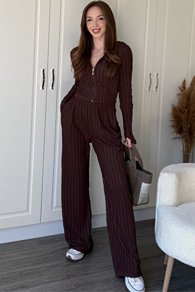 Dilay Gökoğlu Butik Ruffled Hooded Zippered Crop Cardigan Brown Set