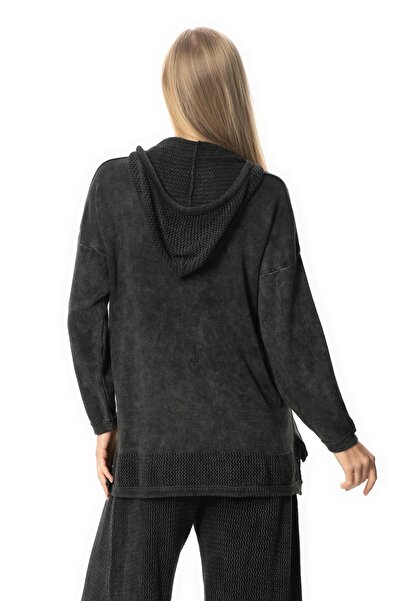 Eliş Şile Bezi Uzun Kol Kapüşonlu Fileli Sonbahar ve Kışlık Triko Bluz Füme Fm