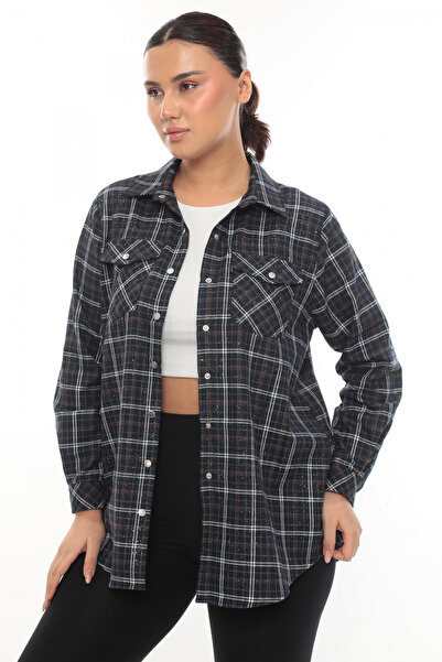 Lady Majestic Büyük Beden Ekose Desenli Simli Rahat Kalıp Kadın Gömlek