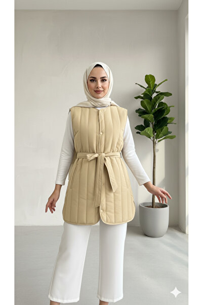 lavrisa Crinkle kumaş kuşaklı kapitone yelek