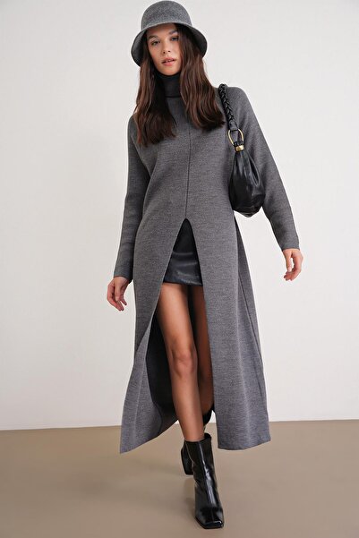 Mixray 6980 Kadın Dik Yaka Oversize Önden Yırtmaçlı Triko Elbise Antrasit