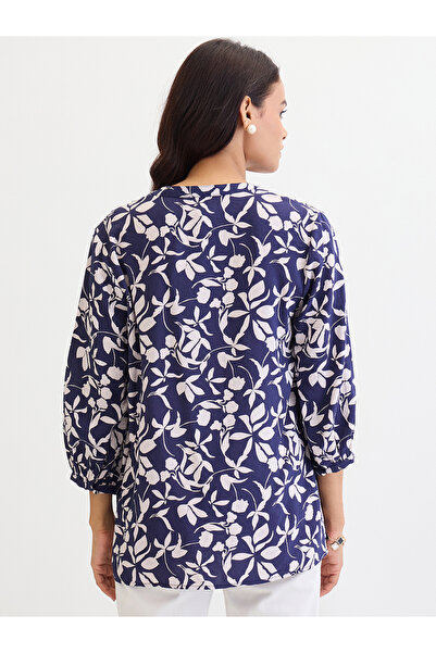 Femmella By Styli Navy Floral Print Buttoned Top