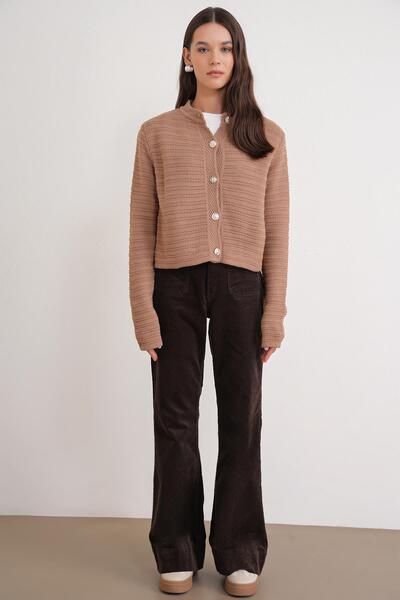 Mixray 6778 Kadın Links Desenli Crop Triko Hırka Camel