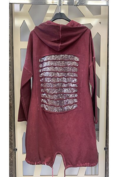 günay boutıque Sequined on the Back, Patterned on the Front, Hooded Tunic-Burgundy