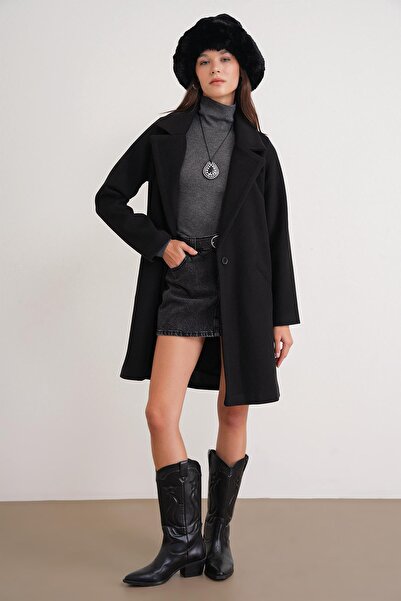 Mixray 3802 Women's Single Button Cashmere Coat Black