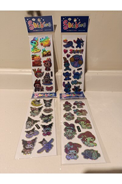 CAN Labubu Stitch Kuromi My Melody Pırıltılı Sticker 4 Set