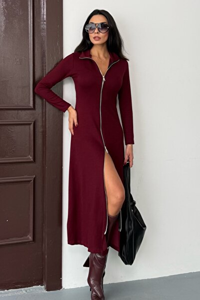 Ded COLLECTION Γυναικείο φόρεμα με διπλό φερμουάρ με μακρυμάνικο λαιμόκοψη με λεπτομέρεια Midi Modal Chic