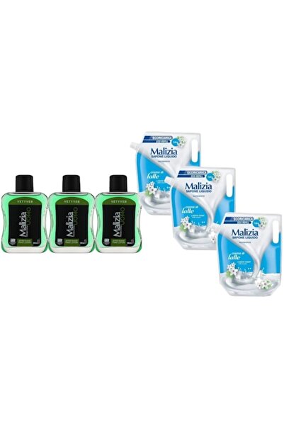 Malizia Set 6 x Varietate, 3 x After Shave 100ml Vetiver, 3 x Rezervă săpun lichid 1L lapte