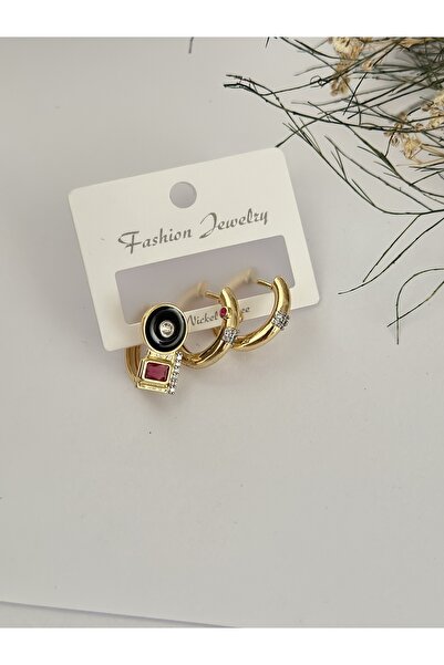 mibrillo Zircon Stone Hoop Earrings and 3-Piece Single Serenay Earrings with Fuchsia Stone