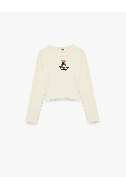 Koton Uzun Kollu Bisiklet Yaka Ayıcık Nakışlı Pamuklu Tişört