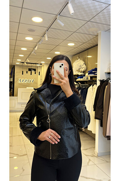 Vosse İndigo Siyah Kürk Yakalı Rugan Mont