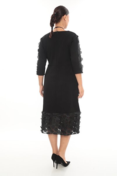 etselements Black 3D Detailled Midi Length Stylish Dress Ets7215