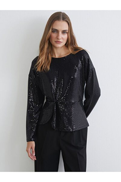 LC Waikiki Siyah Bisiklet Yaka Büzgülü Payetli Bluz
