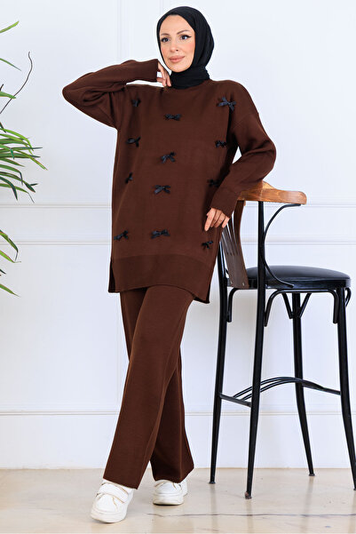 benguen Σετ πλεκτό με λεπτομέρεια φιόγκου S1106 Καφέ