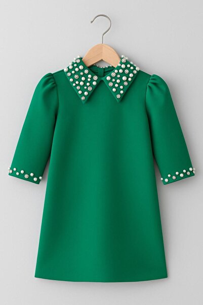 Hilal Akıncı Kids Fakir Girl's Dress with Stone Decor on the Collar and Sleeves