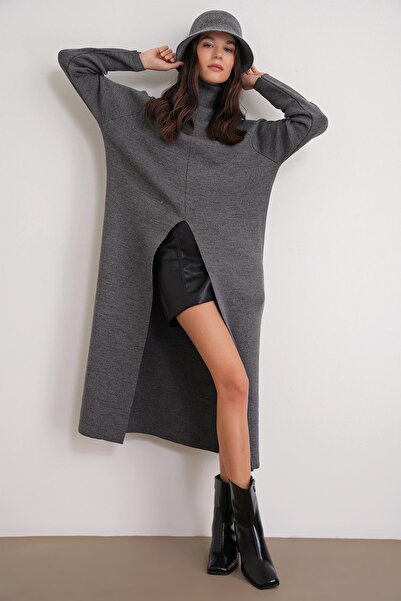 Mixray 6980 Kadın Dik Yaka Oversize Önden Yırtmaçlı Triko Elbise Antrasit