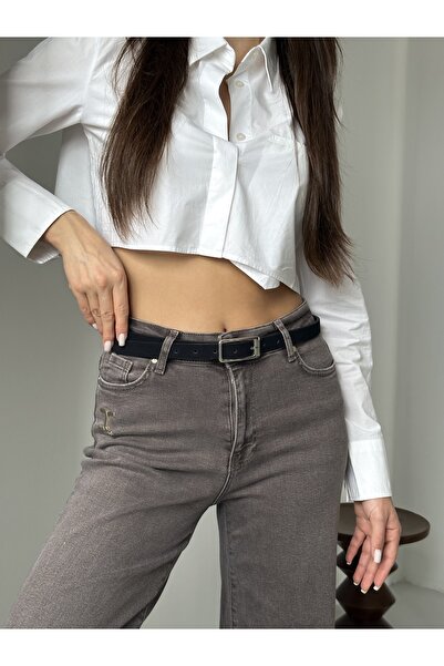 coaksco Women's Basic Minimal Rectangular Silver Buckle Black Belt