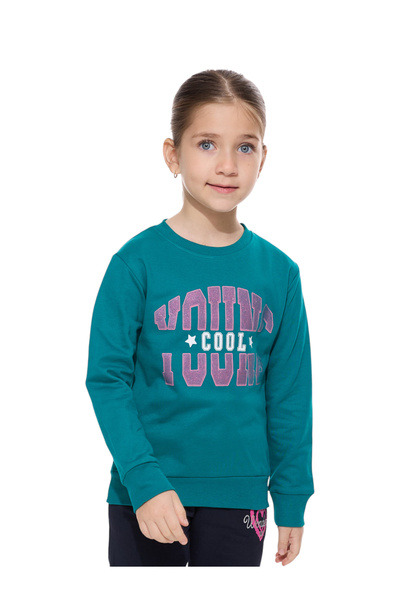 Victor and Jane By Styli Girls Green Glitter Graphic Print Sweatshirt