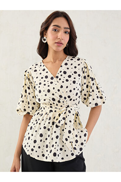 Femmella By Styli Off White Polka Dot Wrap Top