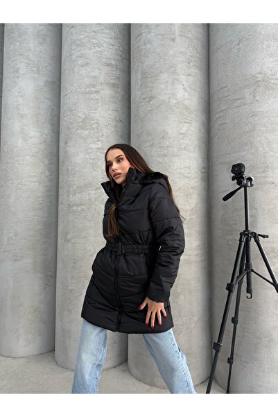 RESSHO Kadın su geçirmez rüzgar geçirmez kalın kapüşonlu kemerli uzun mont