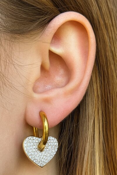 TAKIŞTIR Gold Color Heart Figured Stone Detailed Steel Earrings (Pair)
